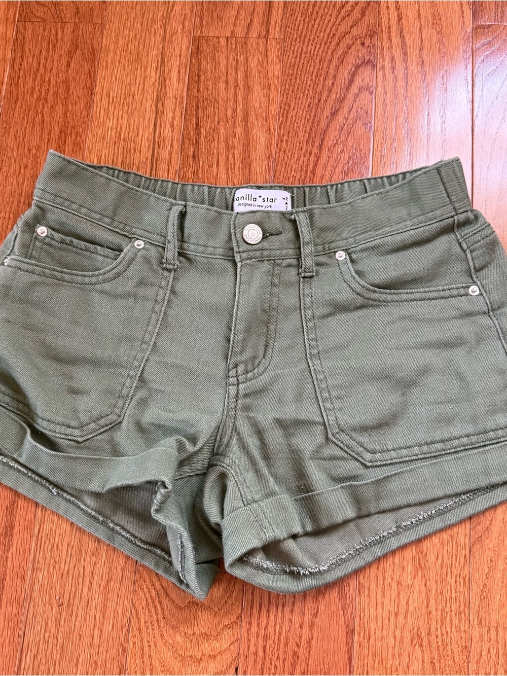 Vanilla Star Olive Green Low Rise Stretchy Denim Shorts